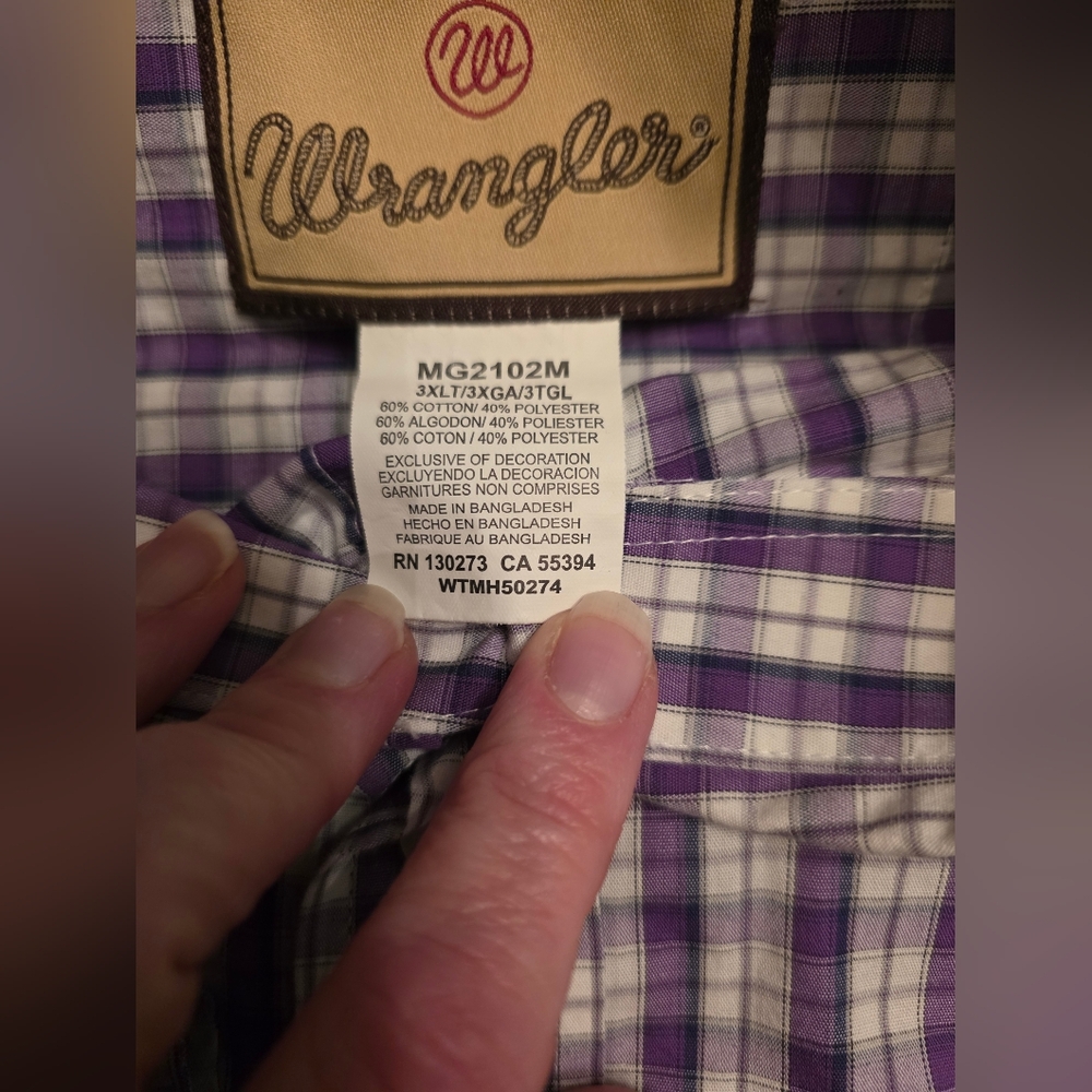 Wrangler Men's Purple and White Checkered Shirt Sz 3xlT - Picture 2 of 5